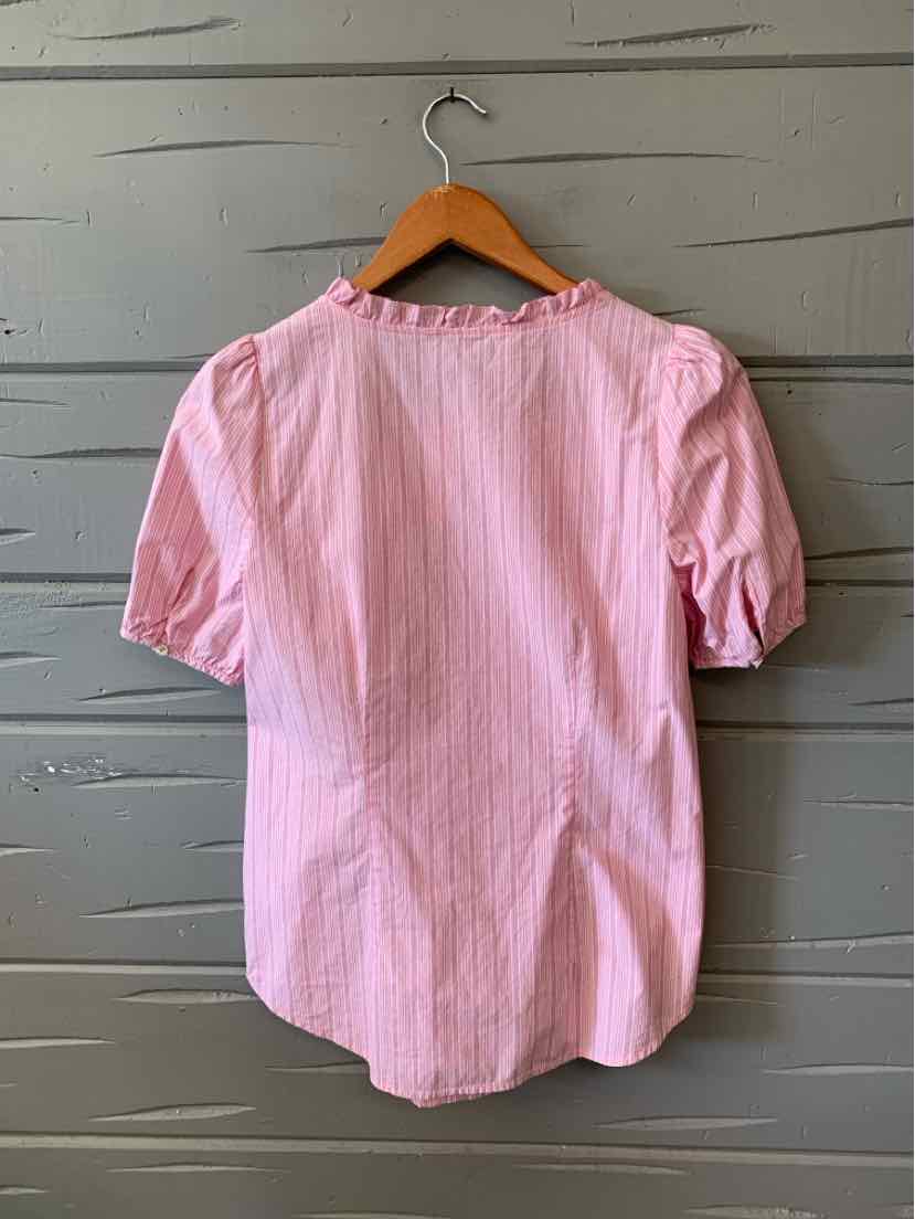 Pink and white vertical striped short-sleeve blouse with gathered neckline and puffed sleeves.