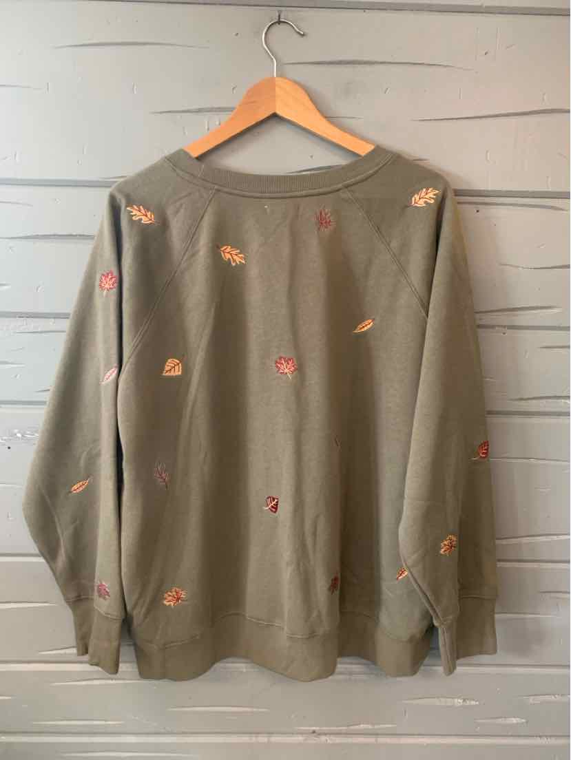Olive green long-sleeve sweatshirt with small embroidered orange and pink leaf accents scattered on back and sleeves, ribbed