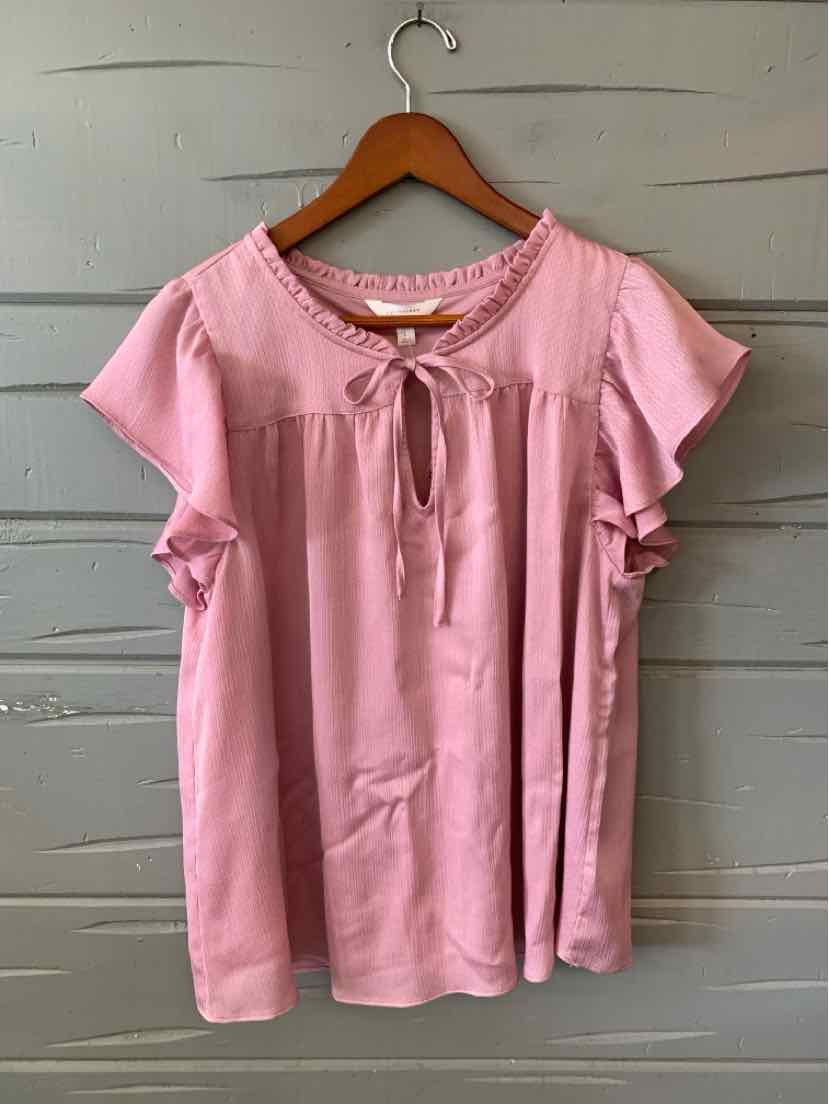 Light pink short-sleeve blouse with ruffled sleeves and keyhole tie neckline hanging on wooden hanger.