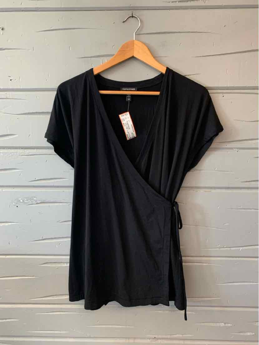 Black short-sleeve wrap top with V-neck and side tie, soft lightweight fabric, size medium.