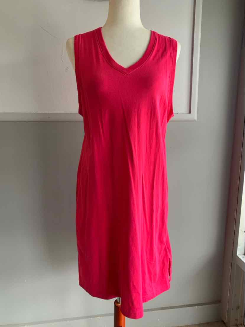 Bright pink sleeveless knee-length dress with a V-neck and smooth fabric texture.