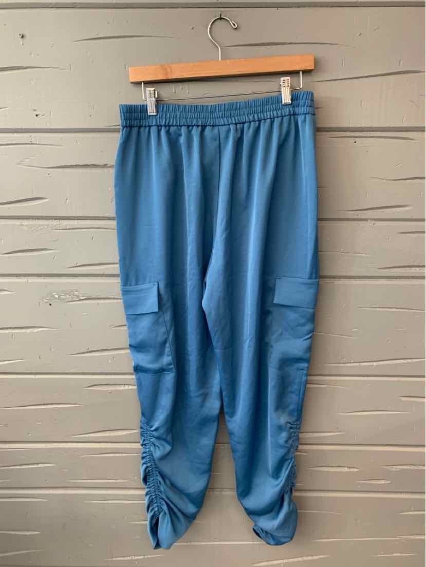 Blue satin jogger pants with elastic waistband and ruched cuffs in medium size.