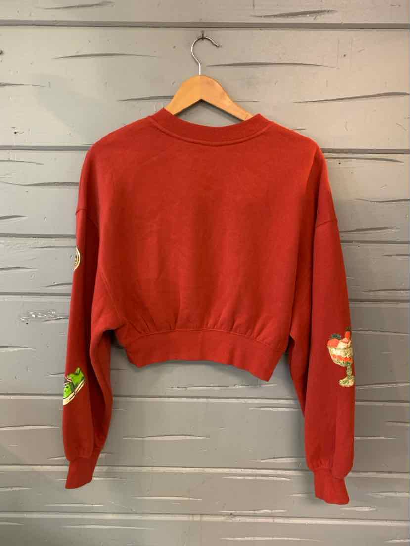 Burgundy cropped sweatshirt with long sleeves and small colorful graphics near the cuffs, on a wooden hanger.