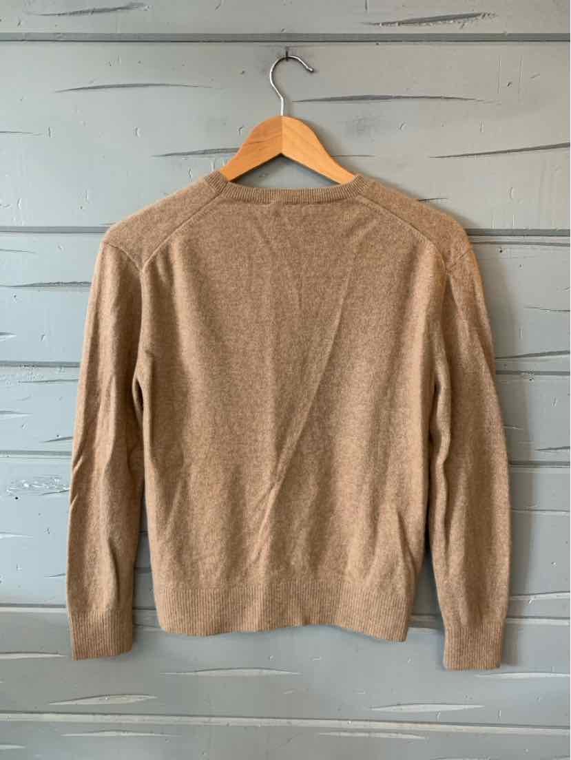 Tan long-sleeve knit sweater with crew neck and ribbed cuffs, medium size.