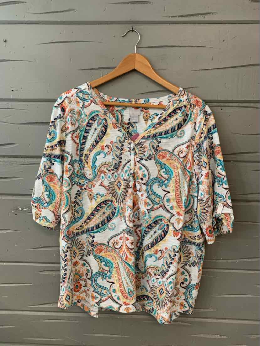 Lightweight blouse with multicolor paisley pattern and 3/4 sleeves, size XXL.