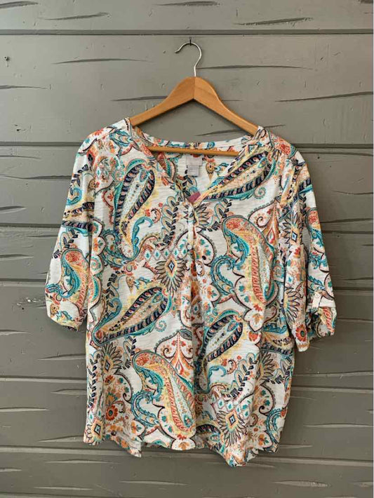 Lightweight blouse with multicolor paisley pattern and 3/4 sleeves, size XXL.
