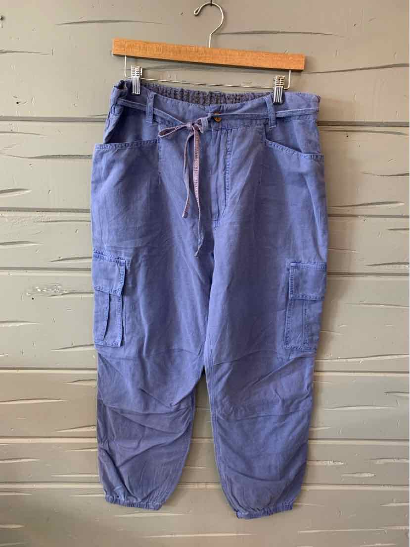 Light blue casual cargo pants with elastic cuffs and a drawstring waist, size 10.