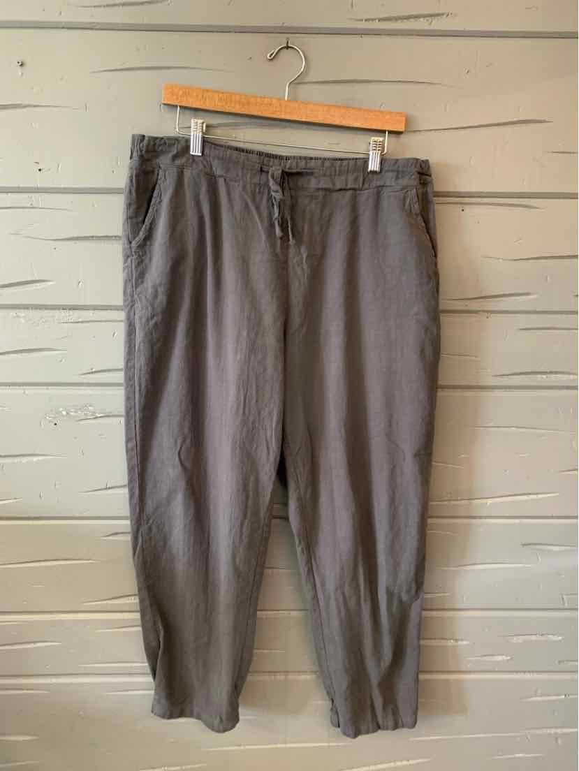 Gray casual pants in 2XL with elasticized waistband and tapered legs hanging on wooden hanger.