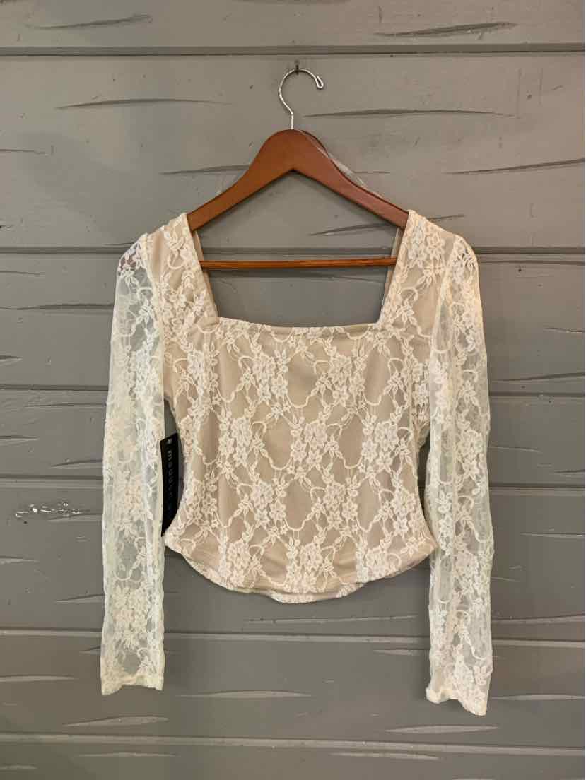 White long-sleeve lace crop top with square neckline and scalloped hem.