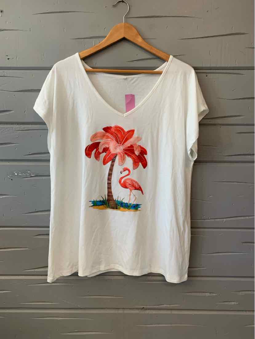 White short-sleeve T-shirt with V-neck and colorful flamingo palm tree graphic on front.