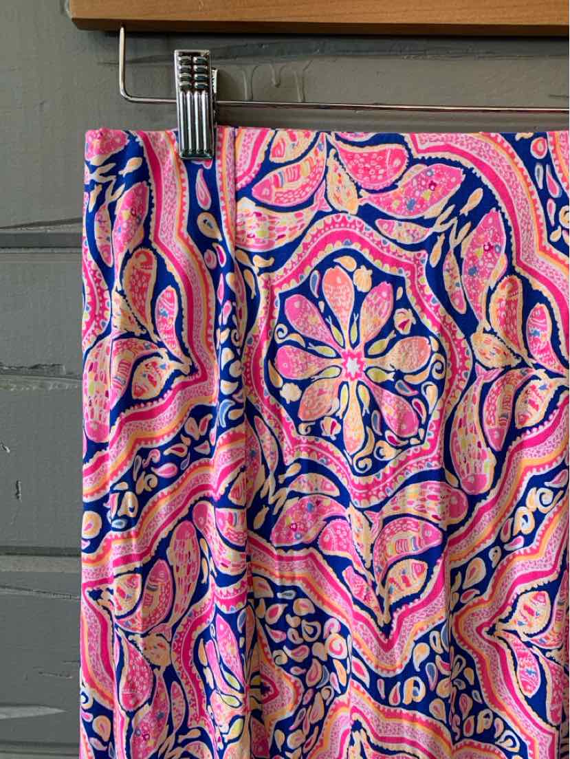 Pink and navy paisley patterned skirt in size XS hanging on clip hanger.