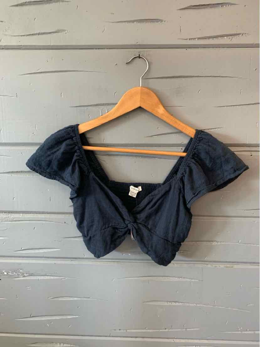 Dark gray cropped blouse with puffed short sleeves and front tie detail, size XS.