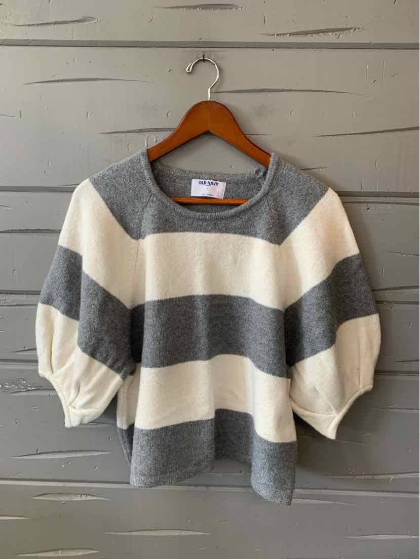 Gray and cream striped knit sweater with puffed three-quarter sleeves and a gray crew neckline.