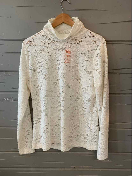 White long-sleeve lace turtleneck top with floral pattern, size XL, sheer delicate fabric.