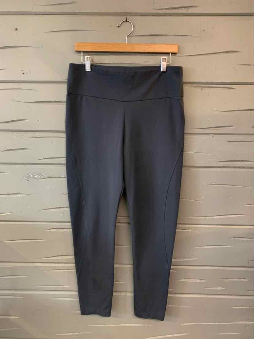 Dark gray high-waisted slim-fit pants with a smooth waistband hanging on a wooden hanger.