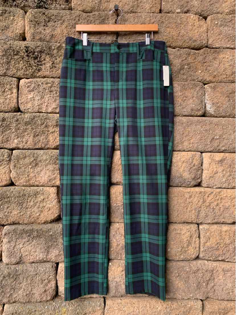 Women’s Talbots plaid trousers in navy, green, and burgundy, hanging full-length with straight legs.