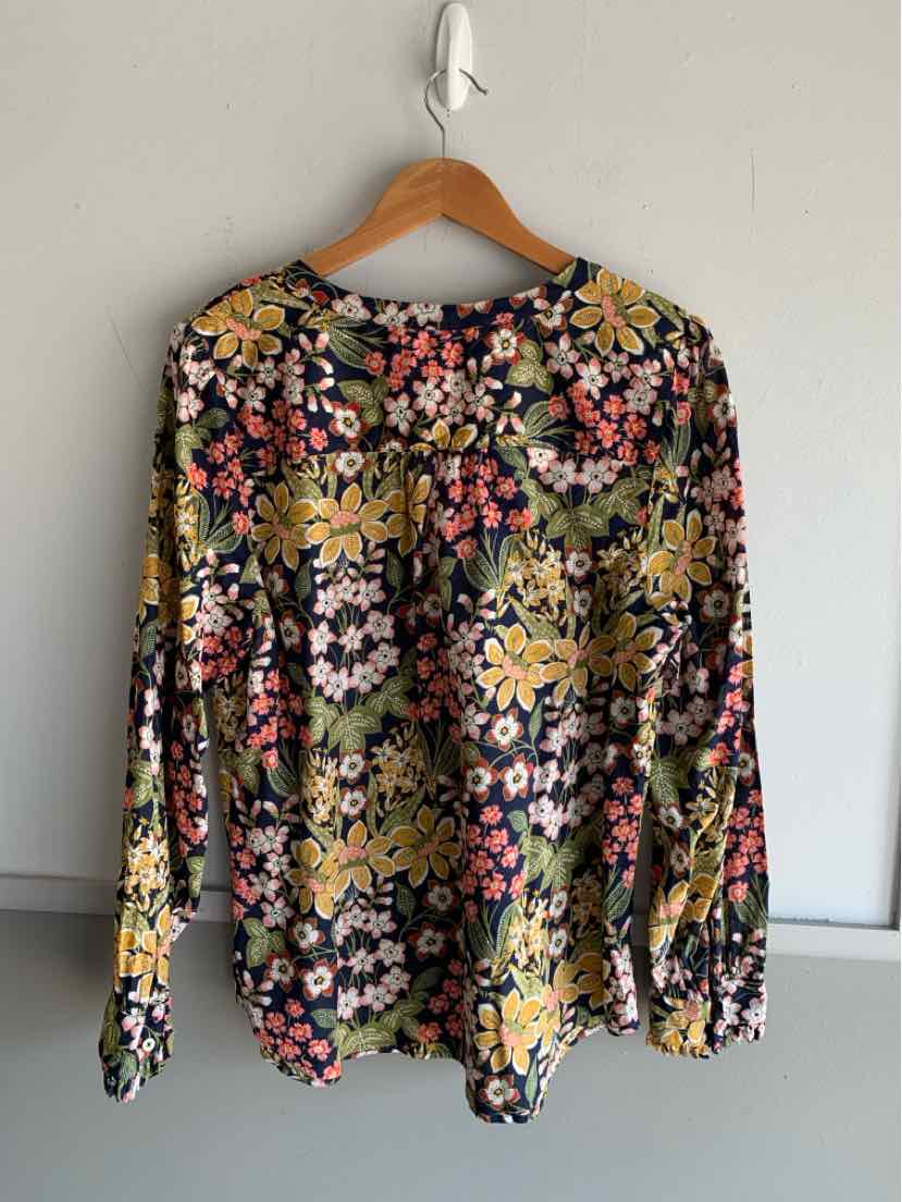 Long-sleeve floral blouse with multicolor yellow, pink, and green pattern on black background, size XL.