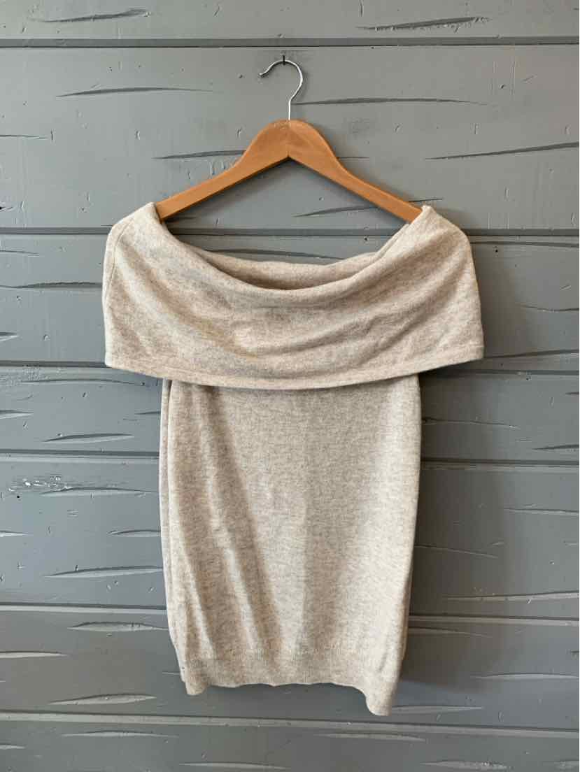 Beige off-shoulder wool sweater dress with wide folded neckline, size large.