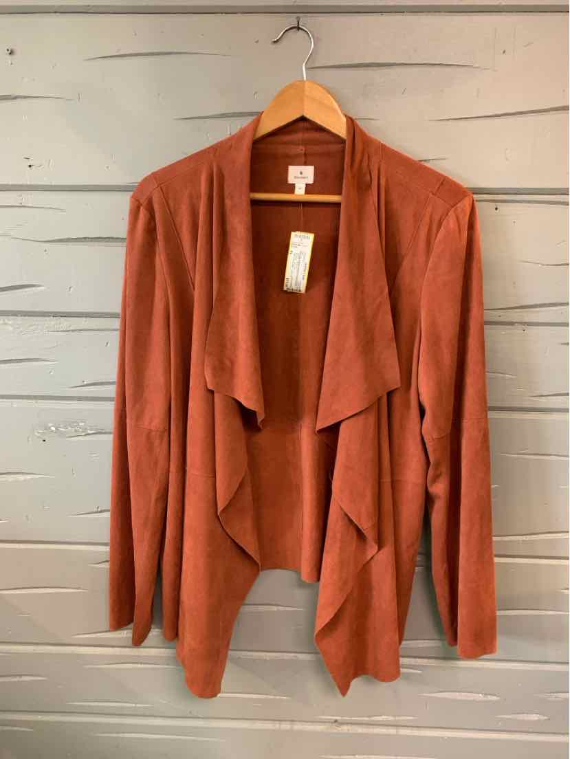 Rust-colored suede open-front draped cardigan with long sleeves and relaxed fit in size XL.