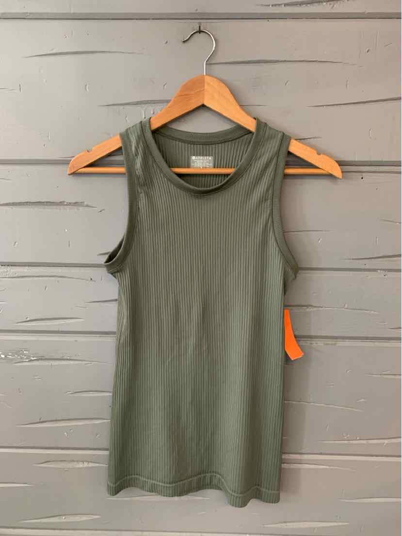 Sleeveless olive green ribbed tank top with round neckline, slim fit, hanging on wooden hanger.