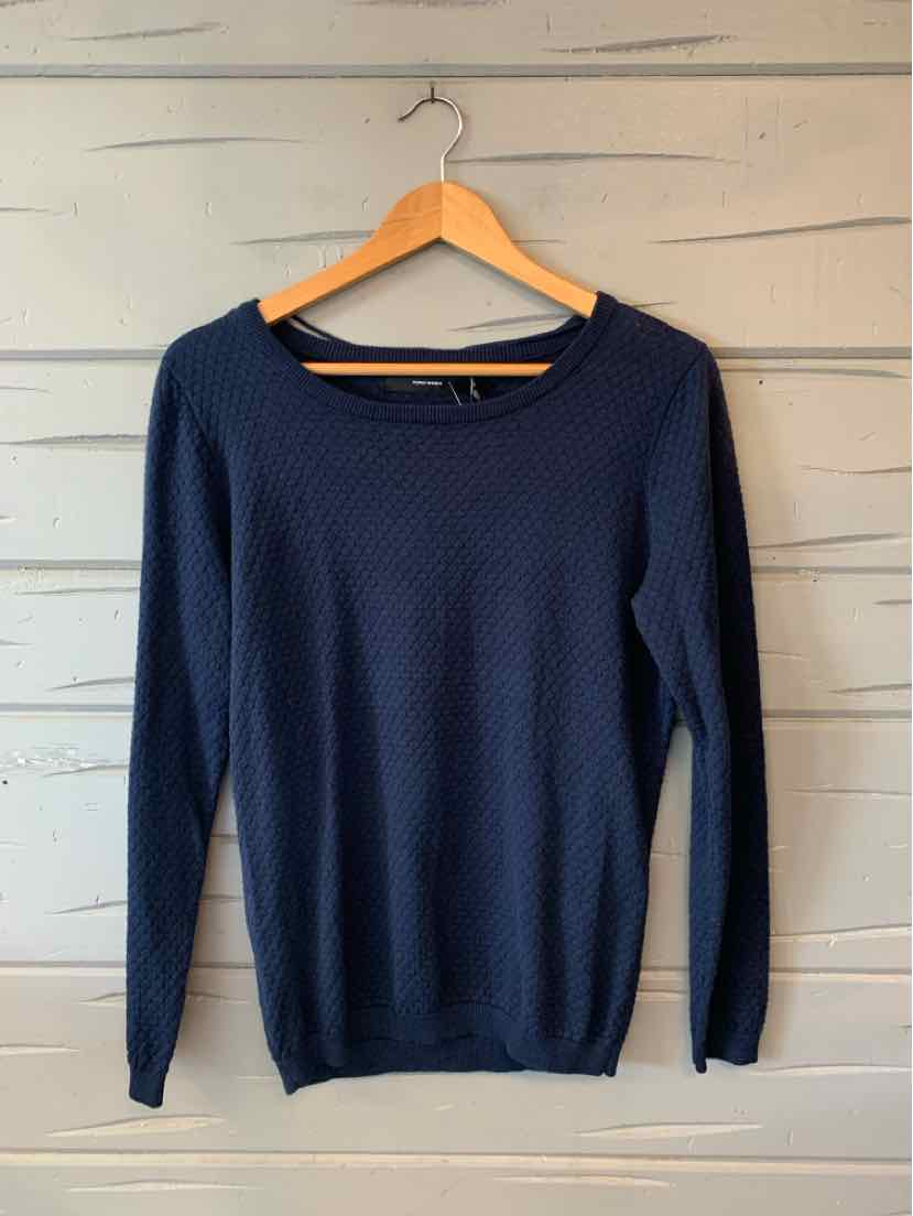 Navy blue long-sleeve crewneck sweater with a lightweight knit on wooden hanger.