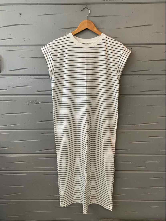 White and gray striped short-sleeve midi dress with a crew neckline and relaxed fit.