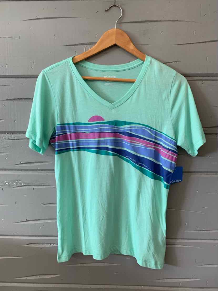 Light green V-neck T-shirt with horizontal multi-color stripes across the chest, short sleeves, and lightweight fabric.