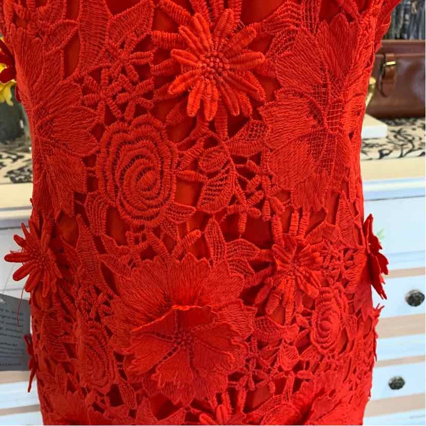 Red lace dress with intricate floral embroidery and 3D flower appliqués.