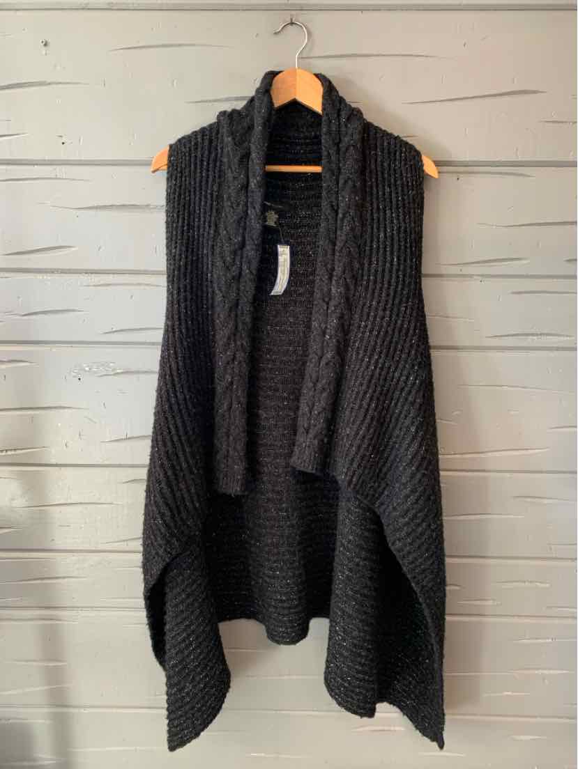 Charcoal gray open-front knit cardigan with a draped, asymmetrical hem and textured panels.