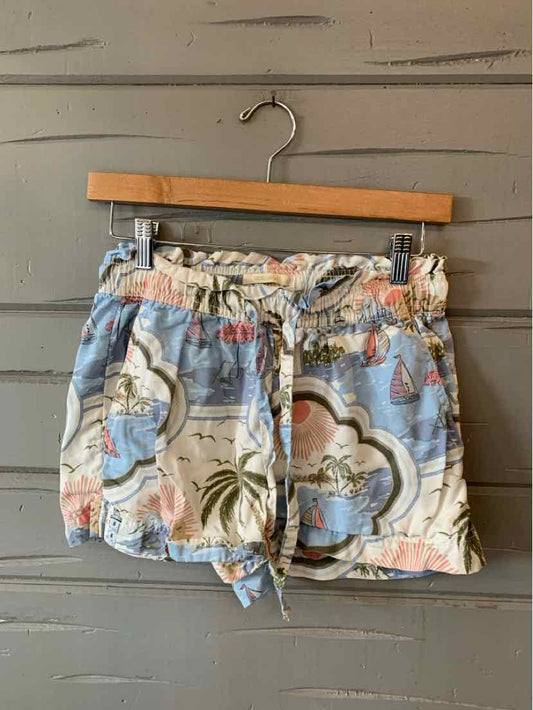 Lightweight shorts with colorful sailboat and palm tree print, elastic waistband with drawstring, size XS.