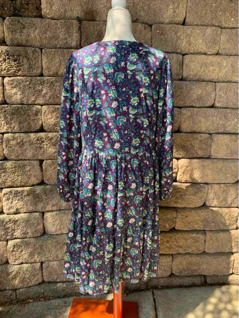 Long-sleeve midi dress with dark multi floral print and gathered waist, lightweight fabric.