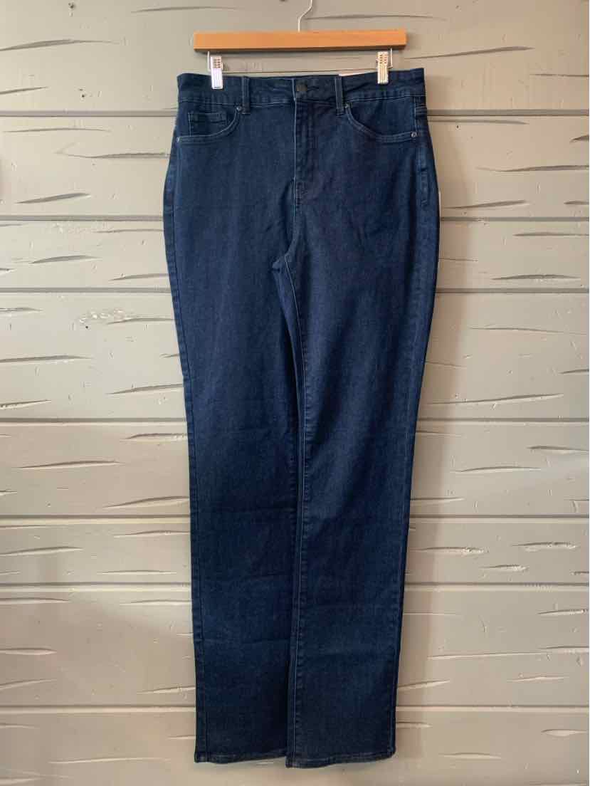 Dark blue straight-leg denim jeans with mid-rise waist and classic five-pocket design hanging on wooden hanger.
