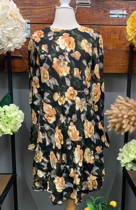 Black long-sleeve floral dress with orange and cream flowers, ruffled hem, size small.