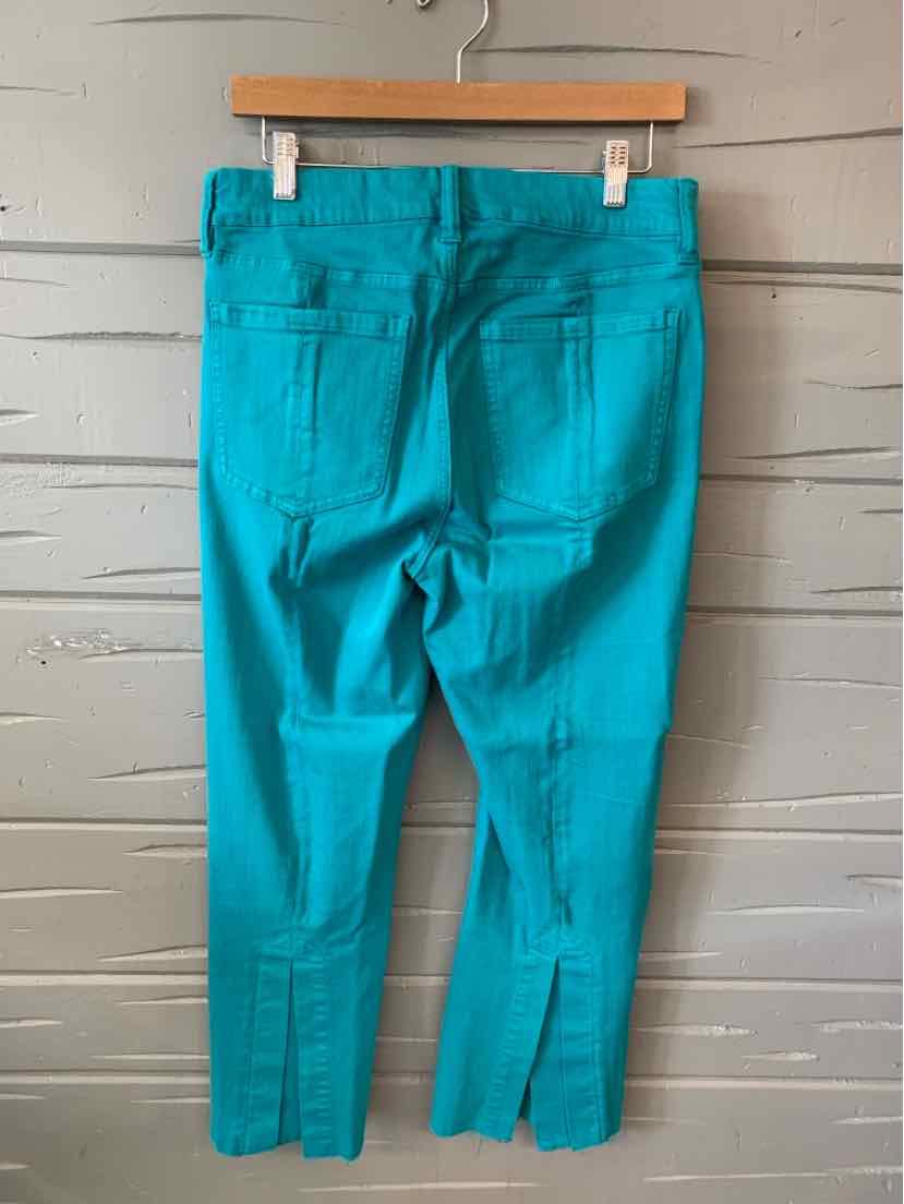 Teal solid slim-fit pants with back pockets and ankle slits, size 10, hanging on wooden hanger.