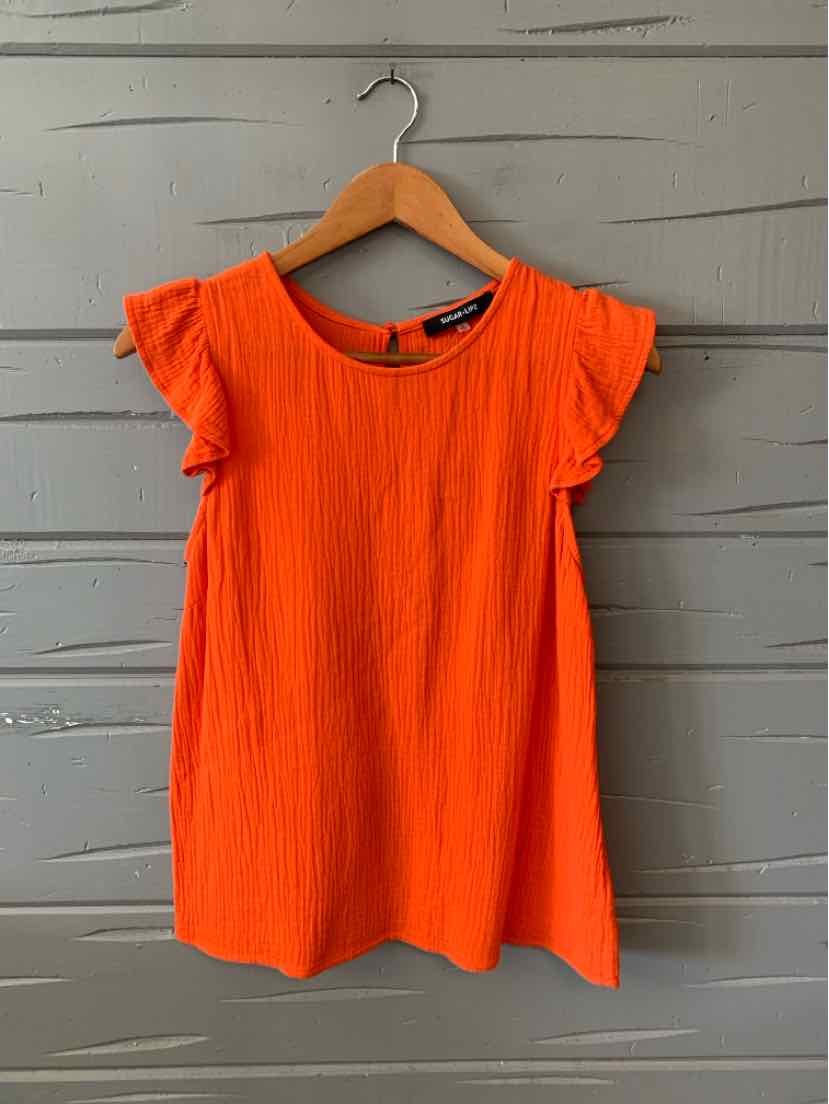 Bright orange short-sleeve dress with ruffled sleeves and a round neckline on wooden hanger.