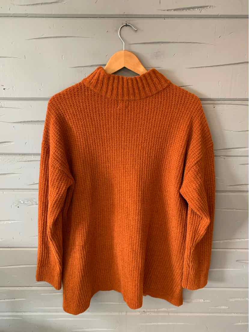 Burnt orange ribbed knit sweater with mock neck and long sleeves, relaxed fit, size XL.