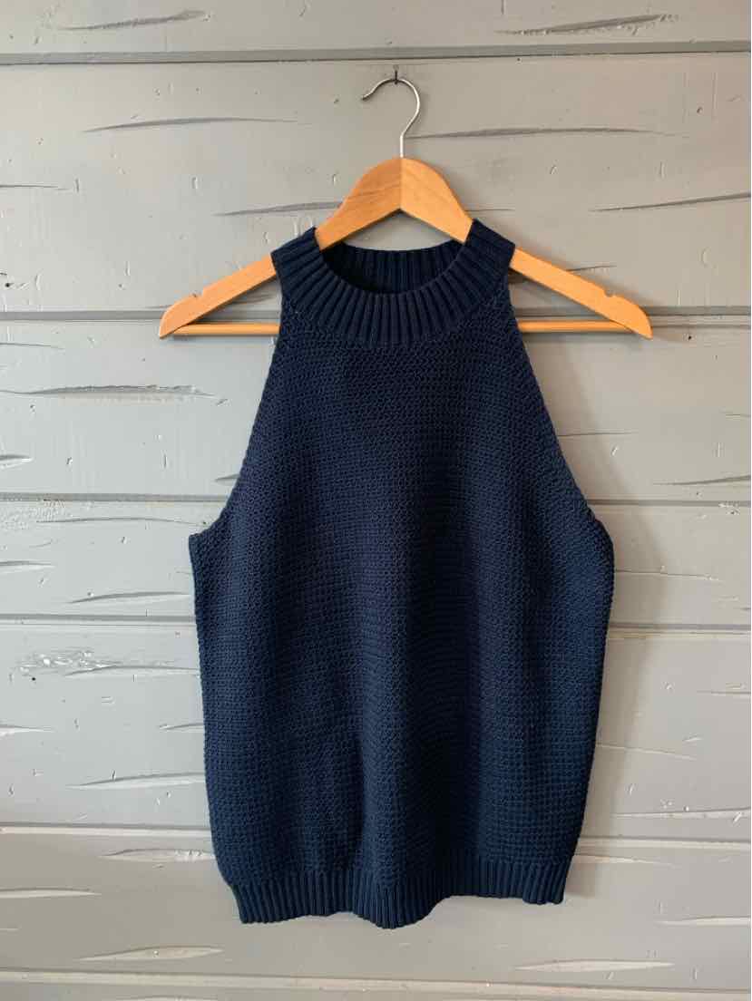 Sleeveless navy blue knit sweater with high ribbed neckline and ribbed hem.