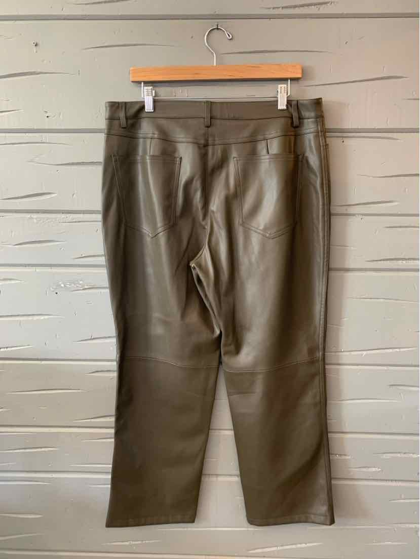 Olive green faux leather pants with a straight-leg cut, back pockets, and belt loops, size 12.