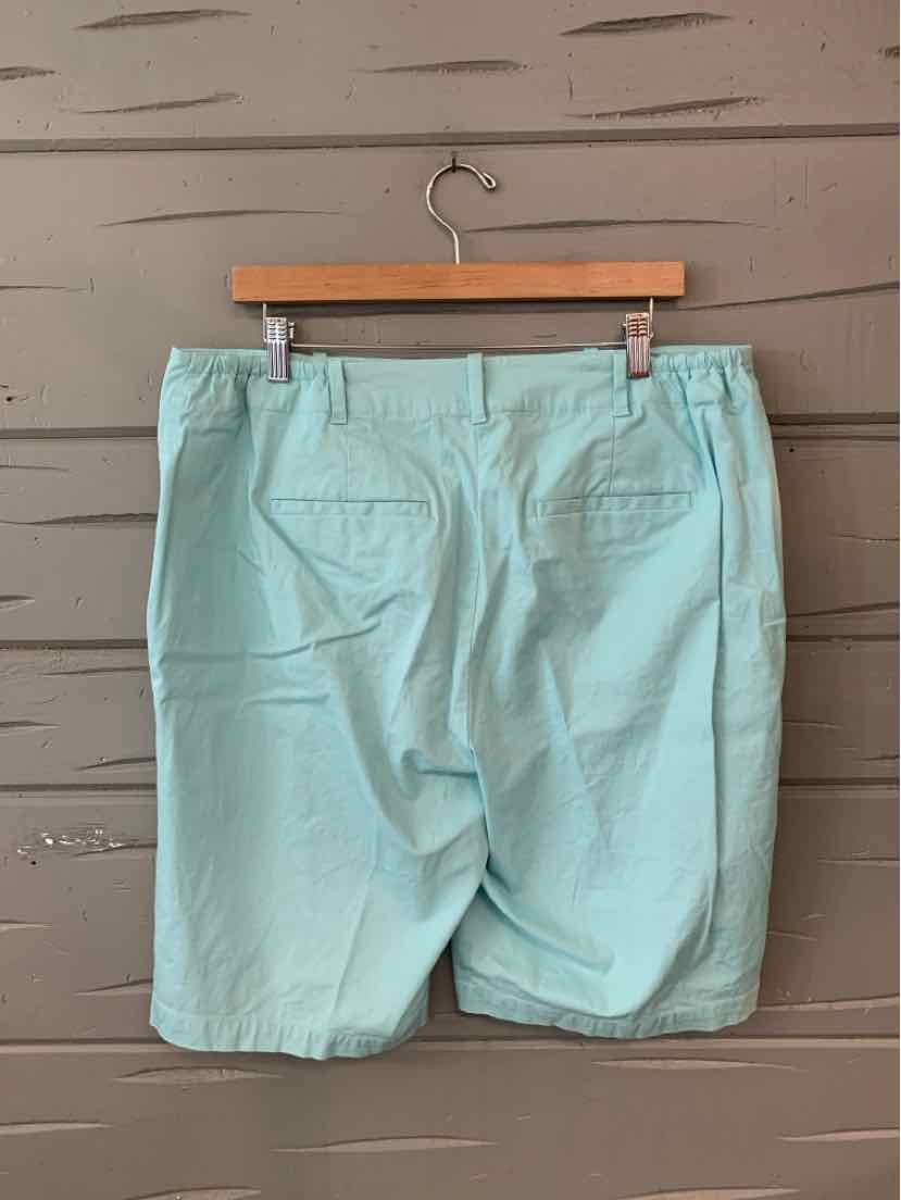 Aqua cotton shorts with back flap pockets and belt loops hanging on wooden hanger against gray wooden wall.