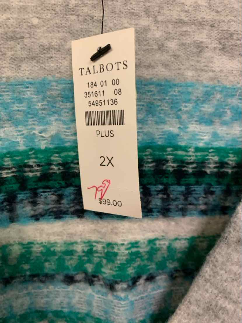 Gray Fair Isle knit sweater with teal and navy pattern, size 2X with Talbots tag.