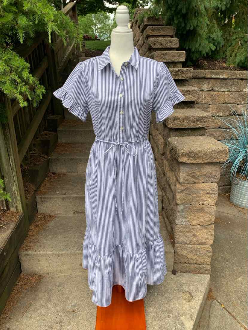 Light blue striped cotton dress with short sleeves, button-front, elastic waist, and tiered skirt.