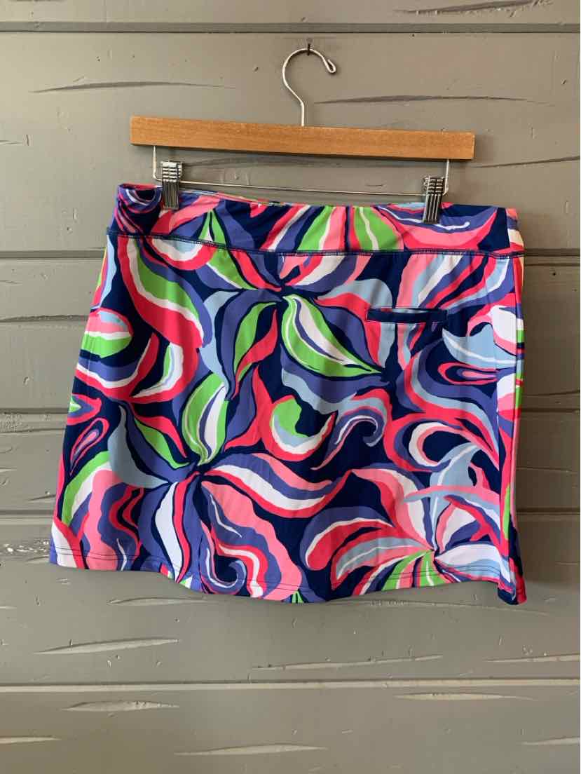 Colorful floral-patterned skirt with shades of pink, green, blue on lightweight fabric, size large.