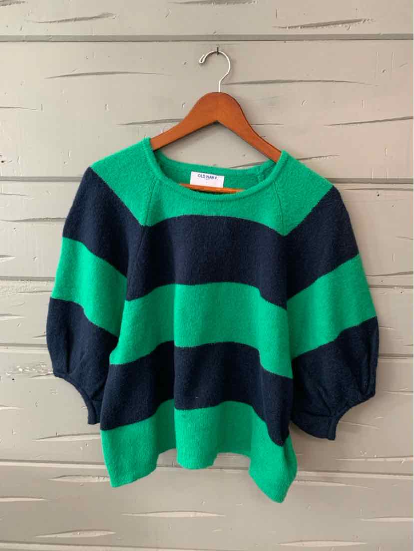 Green and navy blue wide horizontal striped knit sweater with puff sleeves and a round neckline.