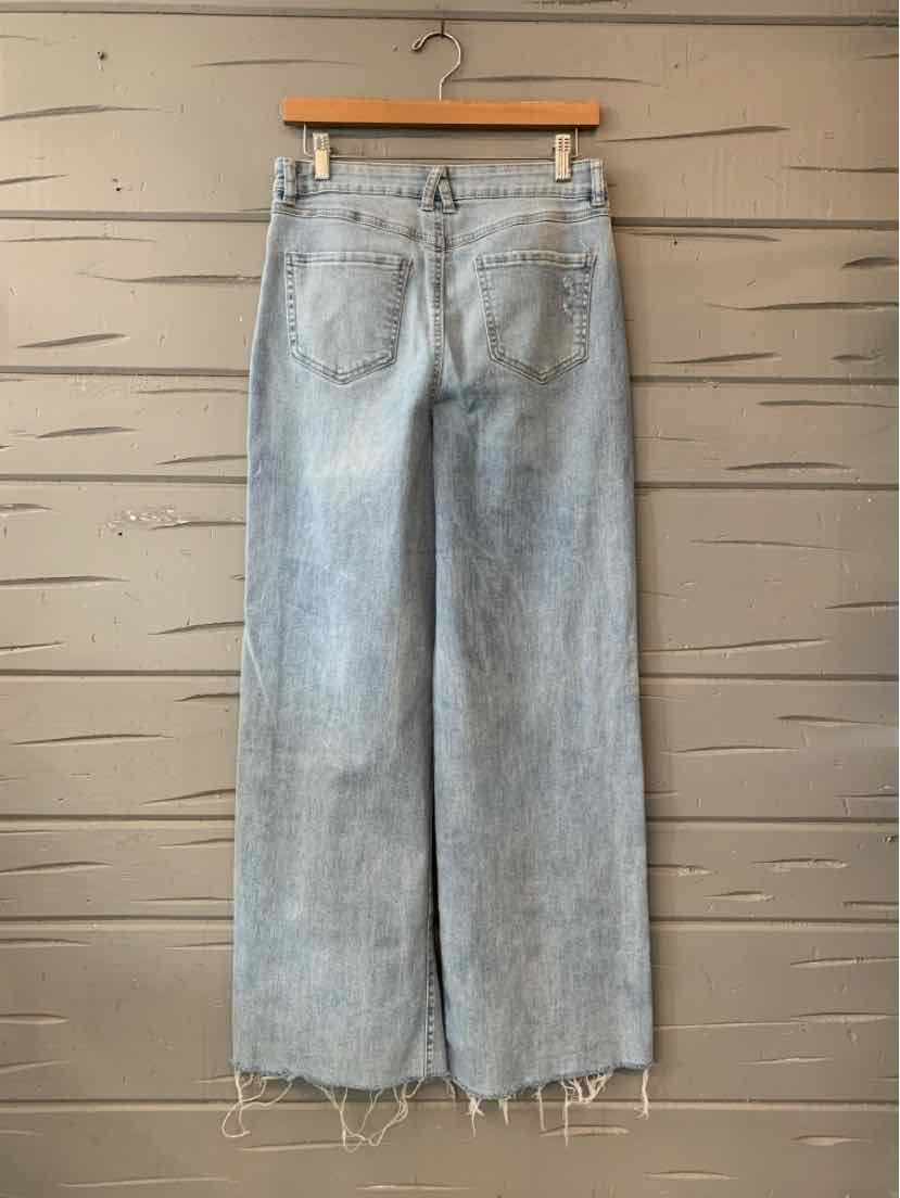 Light-wash blue wide-leg jeans with a high waist, front pockets, and frayed hems.