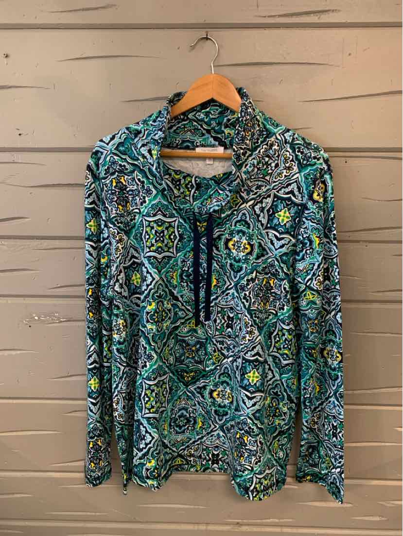 Long-sleeve floral blouse in shades of blue and green with a V-neck and tie detail.