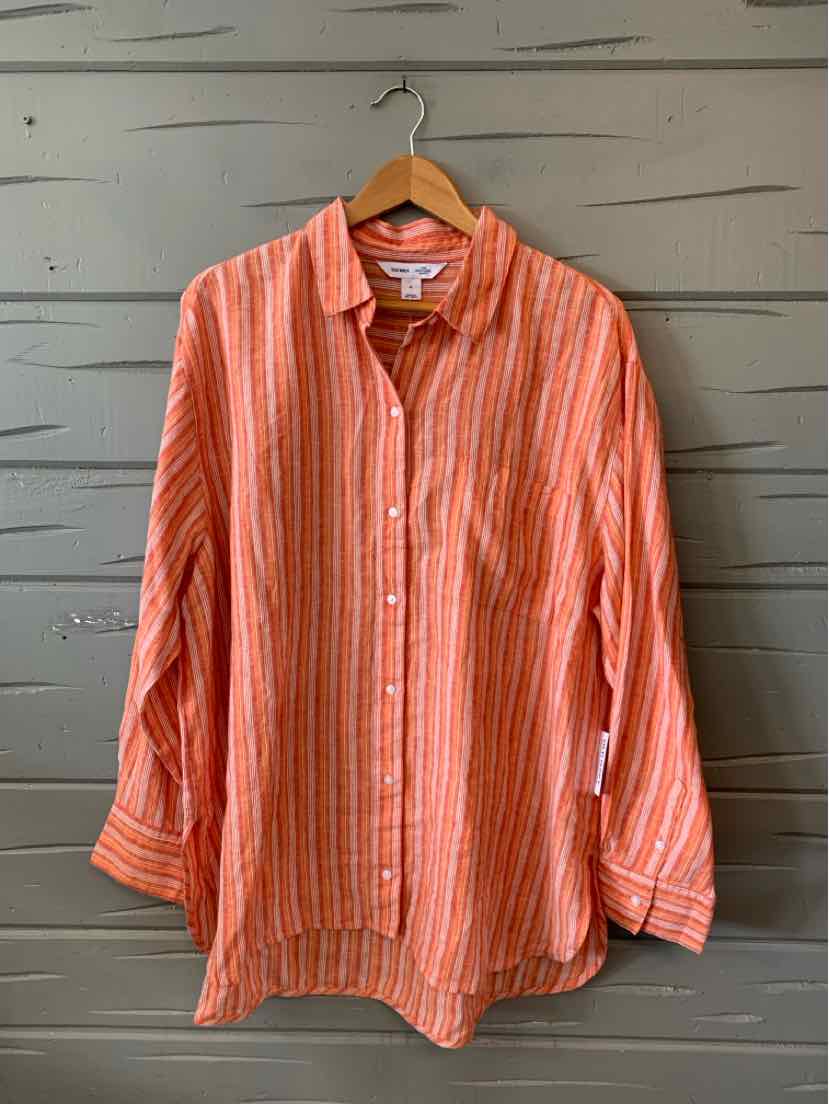 Long-sleeve button-up shirt in orange with white vertical stripes, relaxed fit, lightweight fabric.