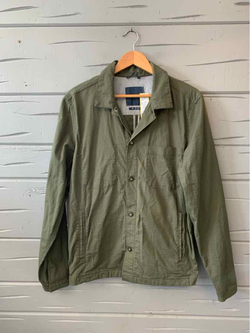 Olive green casual button-up shirt with collar and long sleeves on wooden hanger.
