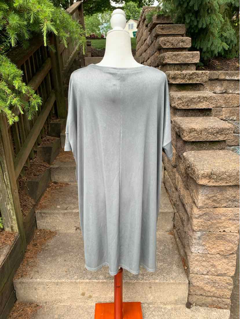 Loose metallic silver-gray short-sleeve dress with round neckline, size 12.