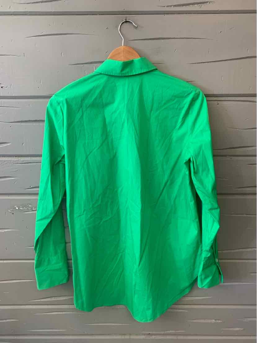Bright green long-sleeve collared shirt in size small hanging on wooden hanger.