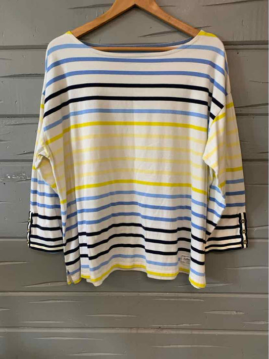 Long-sleeve striped sweater with blue, black, yellow, and white horizontal lines, boat neckline.